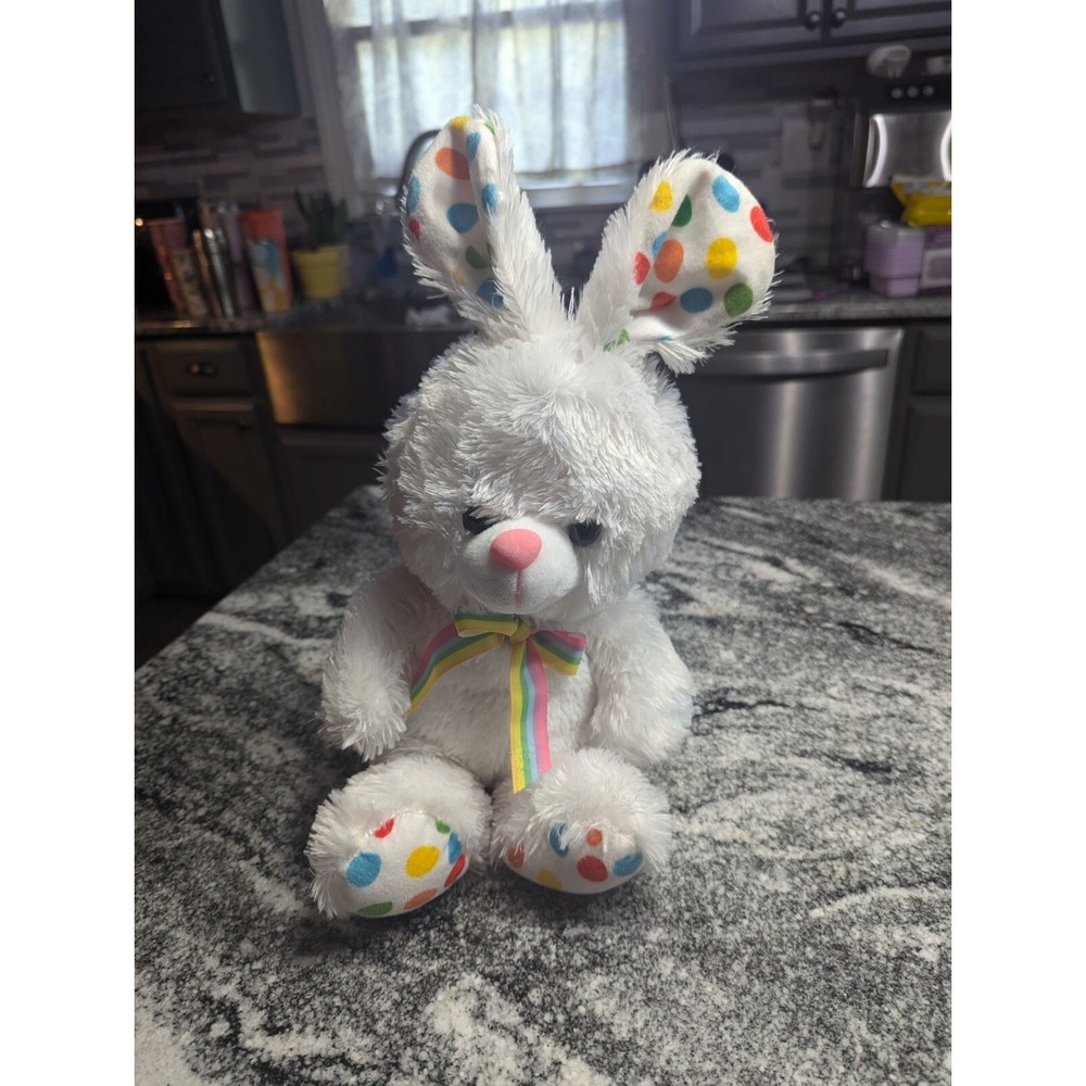 Mega Toys White Bunny Rabbit Plush Stuffed Toy 15" Polka Dot Bow Soft